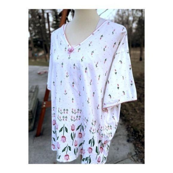 Vintage 90s Nite Angels 100% Cotton T-Shirt Pink Tulips Sleepwear Shirt Sz 3X - Picture 8 of 9